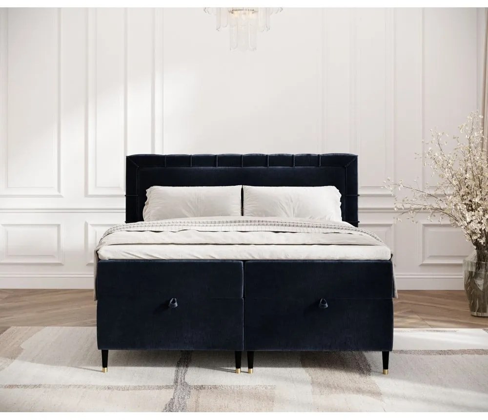 Pat boxspring albastru închis cu spațiu de depozitare 160x200 cm Voyage – Maison de Rêve