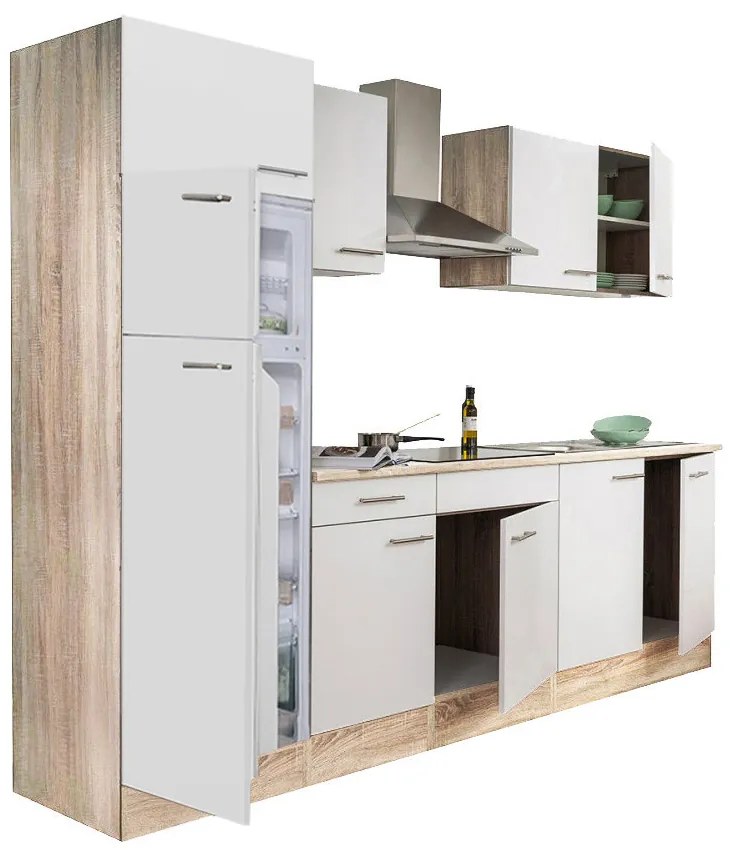 Mobilă de bucătărie Yorki 270, corp din stejar sonoma, față alb satinat, frigider cu congelator superior