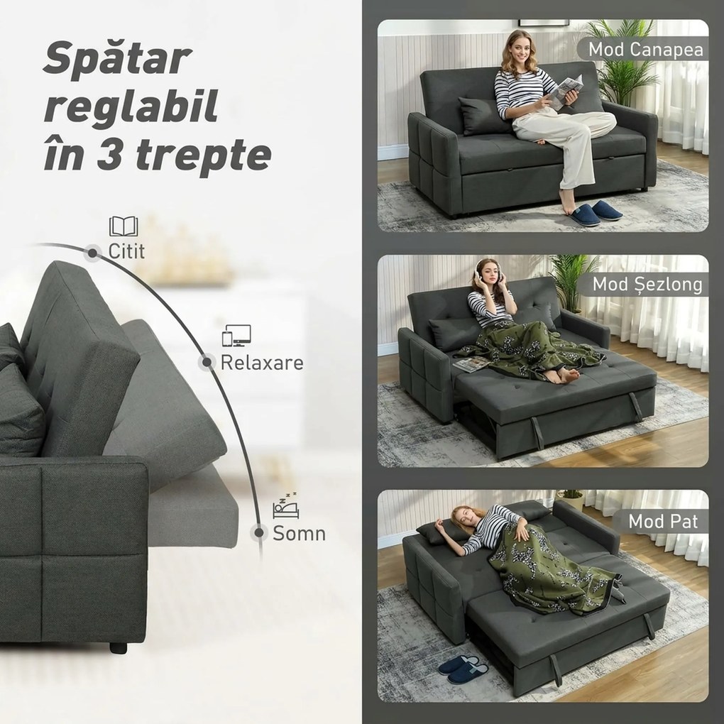 HOMCOM Canapea 2 Locuri Convertibilă în Pat Clic-Clac, cu 2 Perne, din Material Textil, Gri Închis | Aosom Romania
