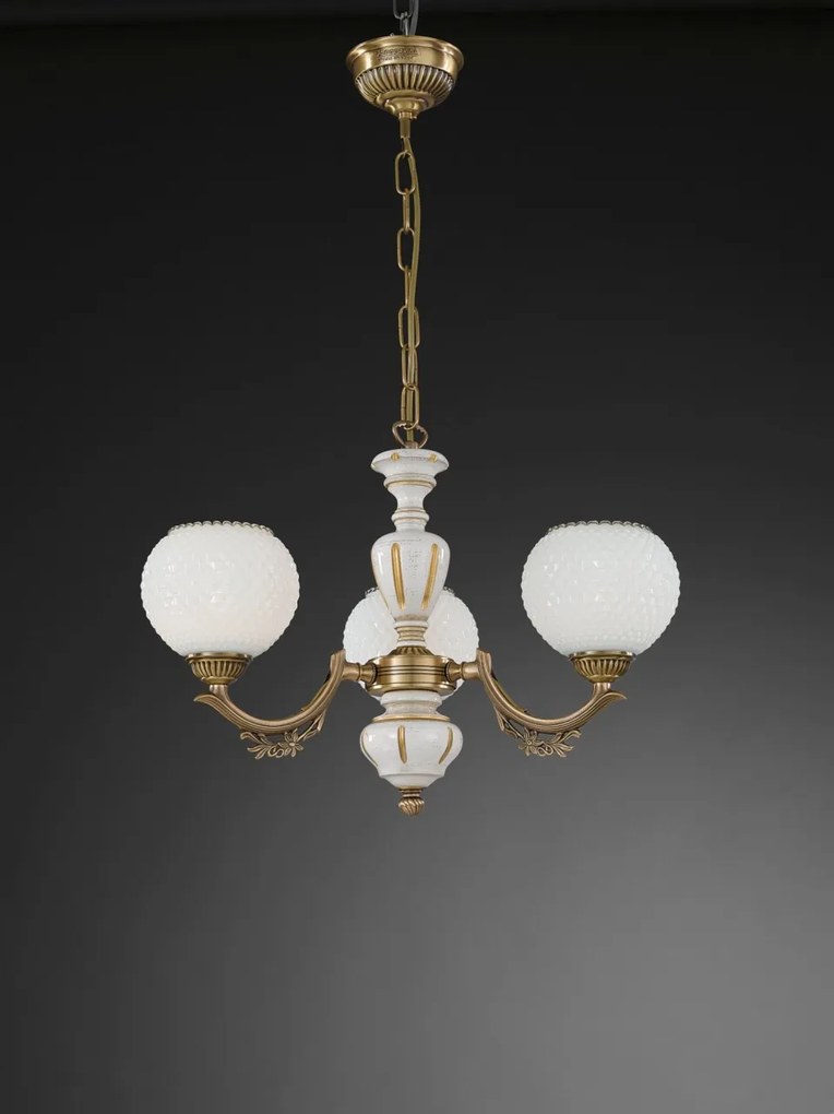 Candelabru cu 3 brate clasic design italian din alama, sticla si lemn 8655 RA-L. 8655/3