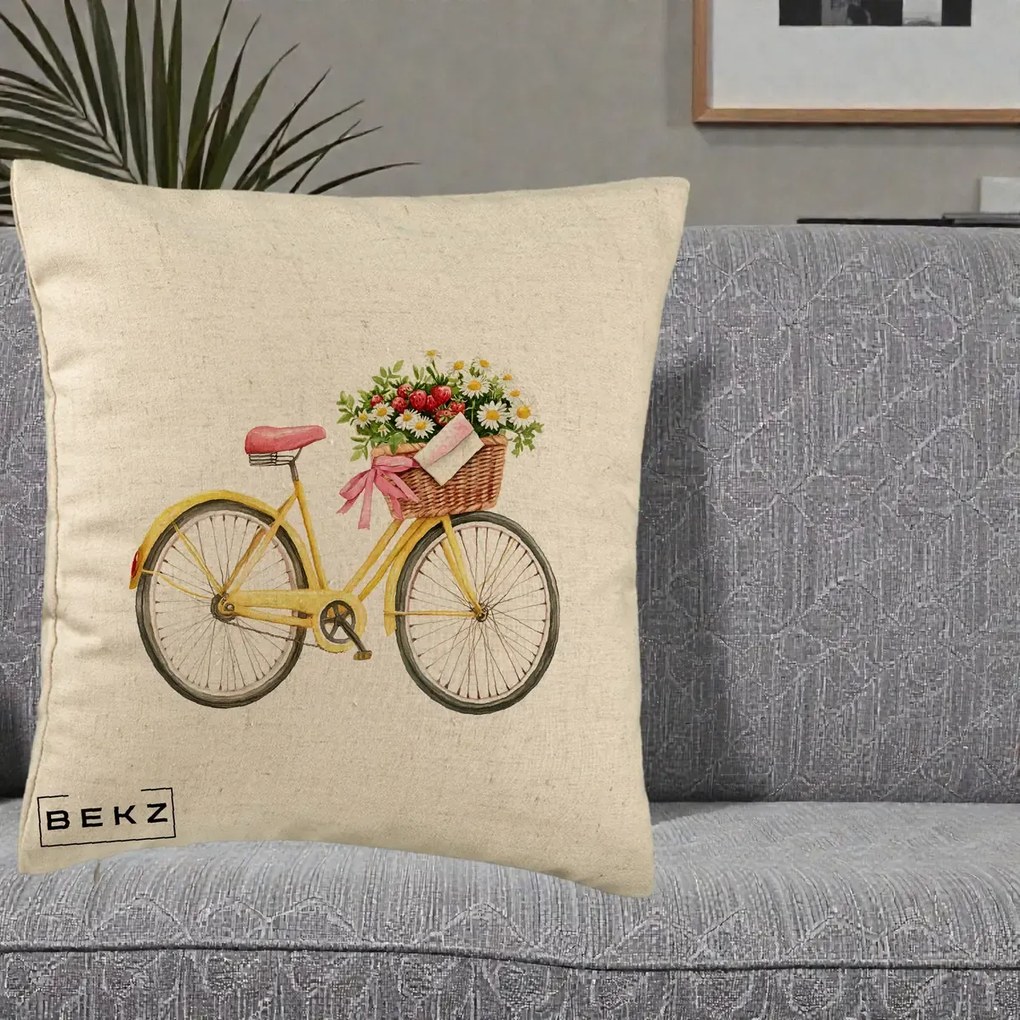Perna Decorativa Bicicleta Galbena cu Cos de Flori Primavara, 40x40 cm, Bej, Husa Detasabila, Perna Inclusa, BEKZ®