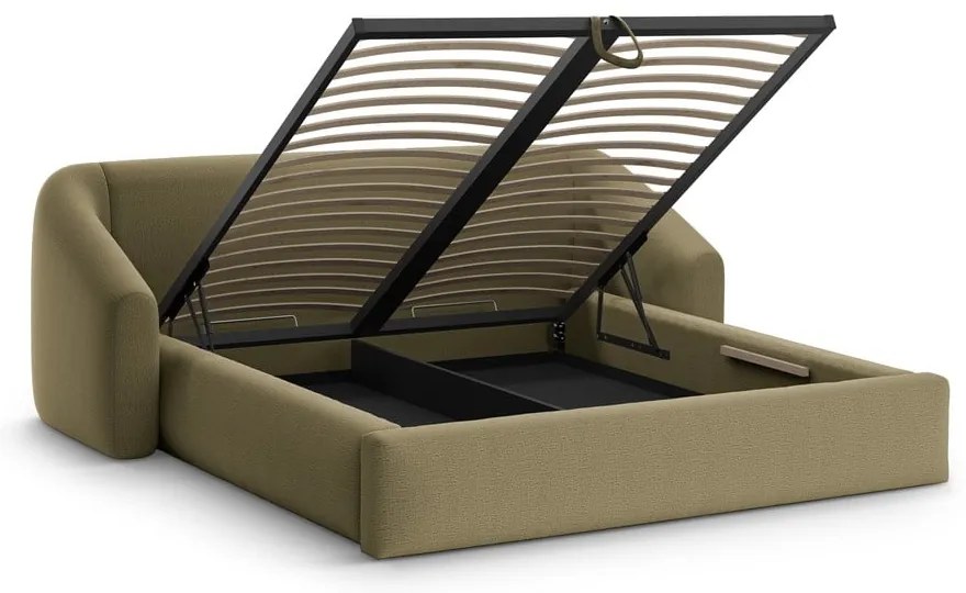 Pat matrimonial verde tapițat cu spațiu de depozitare cu somieră 200x200 cm Campi – Cosmopolitan Design