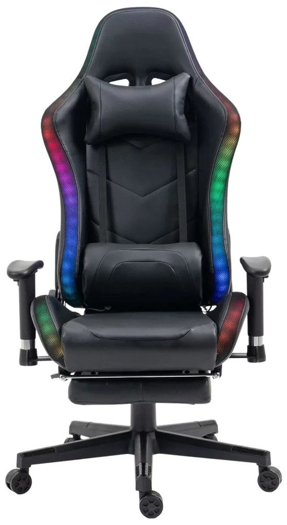 Scaun gaming cu sistem iluminare bandă LED RGB, masaj în perna lombară, suport picioare, funcție șezlong, 90-180 grade, piele ecologica Premium, Negru