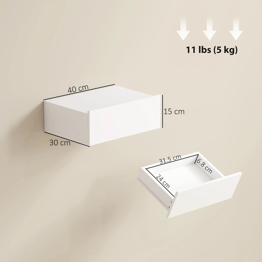 HOMCOM Set de 2 Noptiere Suspendate pentru Dormitor cu Sertar, 40x30x15 cm, Alb | Aosom Romania