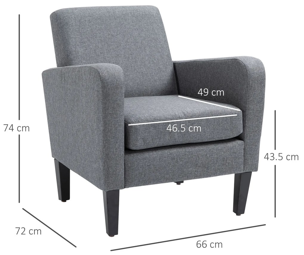 HOMCOM Fotoliu de o persoana, Fotoliu de relaxare, Fotoliu capitonat cu picioare din lemn, Material textil aspect de in, 66 x 72 x 74 cm, Gri deschis | Aosom Romania