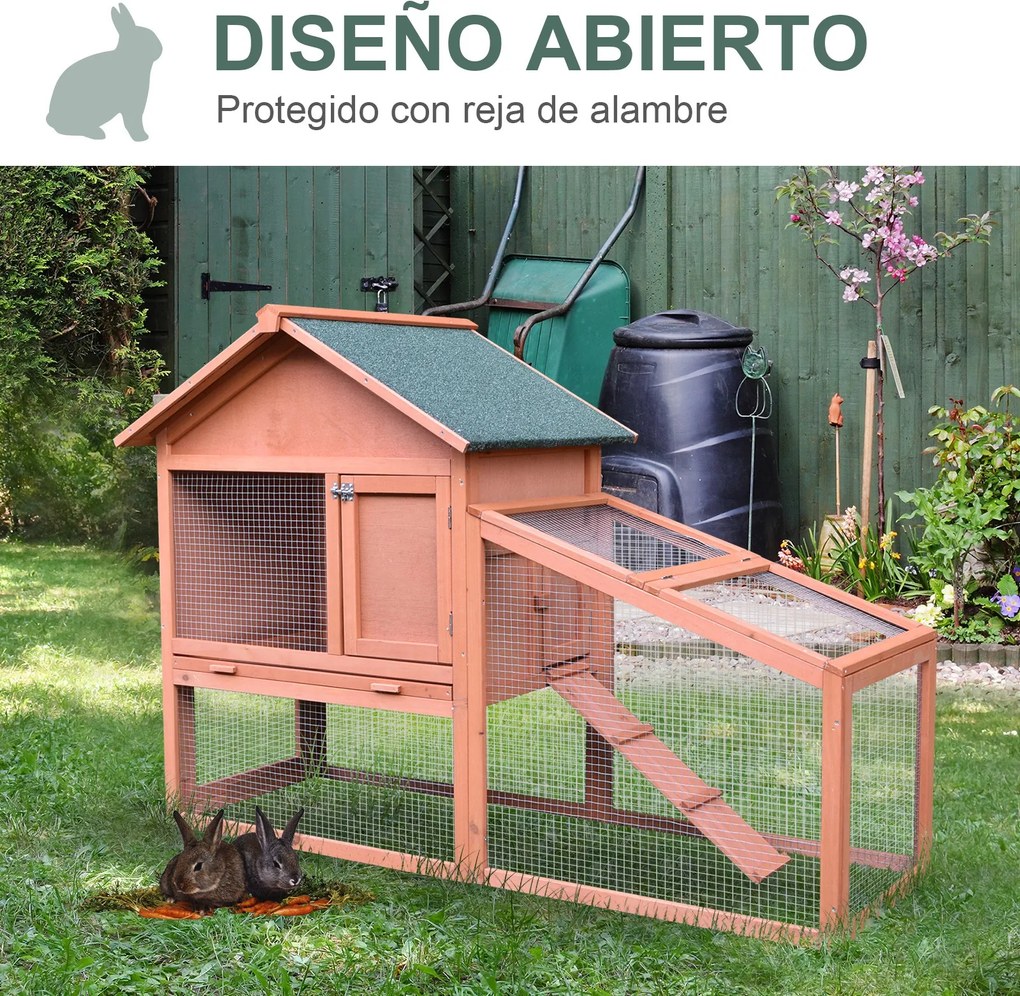 PawHut Iepurieră de Exterior din Lemn Cușcă pentru Iepuri Două Etaje cu Acoperiș Ușă și Fereastră Tavă Detașabilă și Lavabilă Mare Confort Spațiu Generos 144x64.5x100cm | Aosom Romania