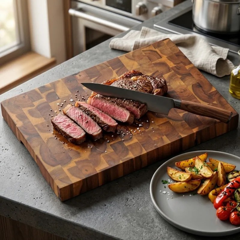 Tocator profesional Kesper 28151, 30 x 42 cm, Adancituri laterale pentru prindere, suprafata care protejeaza lamele, lemn de salcam, Maro inchis