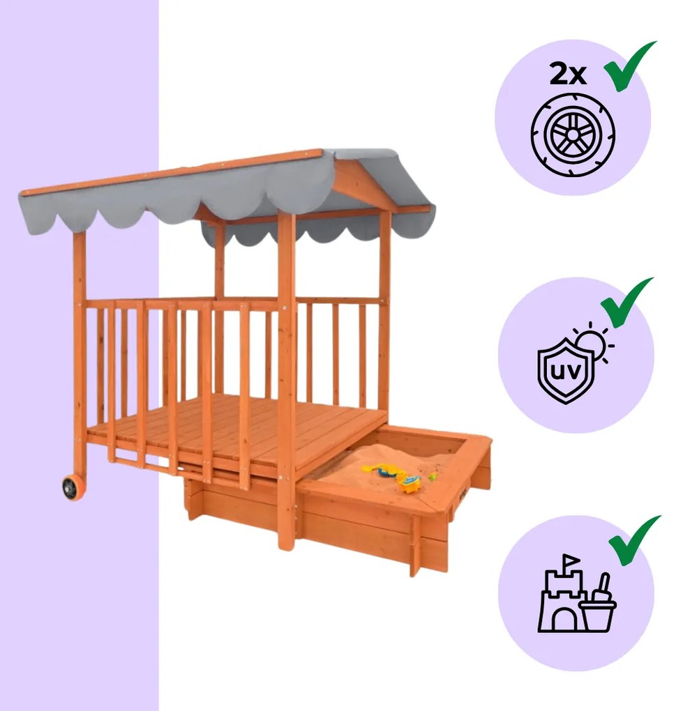 Zonă cu nisip și verandă HAPPY, 130 x 130 x 143 cm, din masiv de pin, maro gri Jurhan