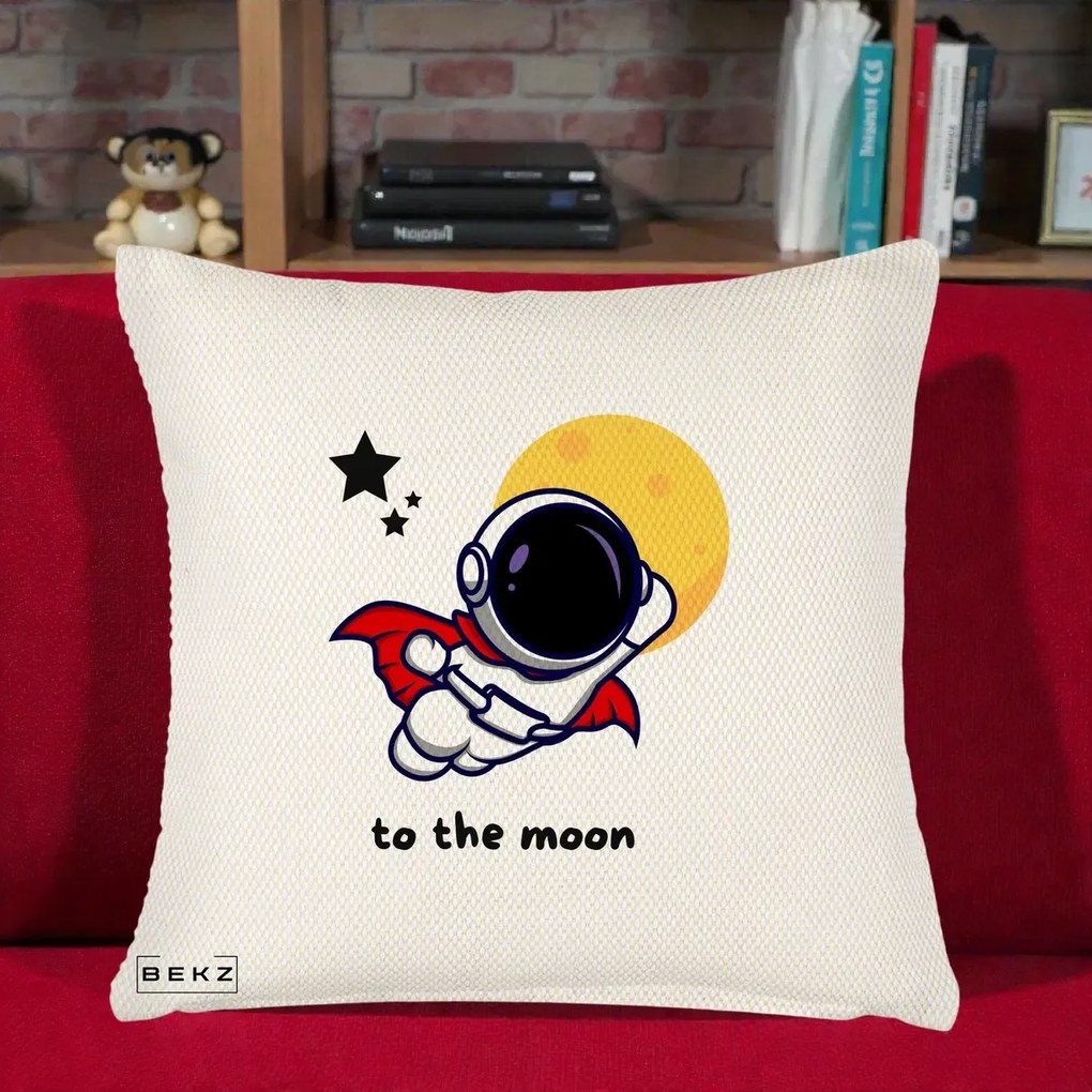 Perna Decorativa Astronaut To The Moon, 40x40 cm, Crem Reliefat, Husa Detasabila, Perna Inclusa, BEKZ®