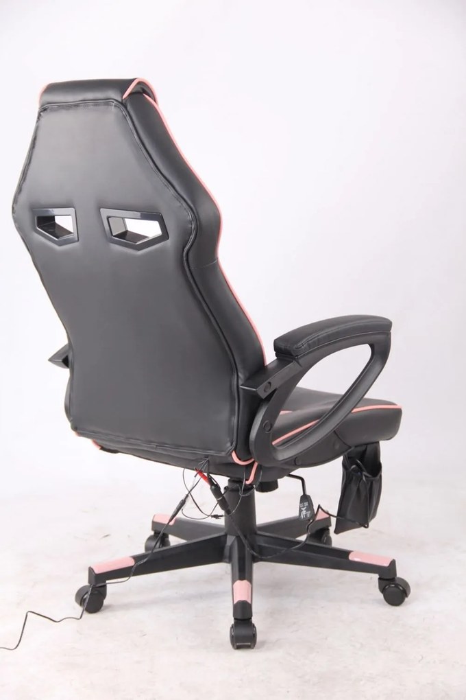Scaun gaming cu masaj, pernă lombară, tetieră integrată, piele PU, SIG 781G5M7, Negru/Roz