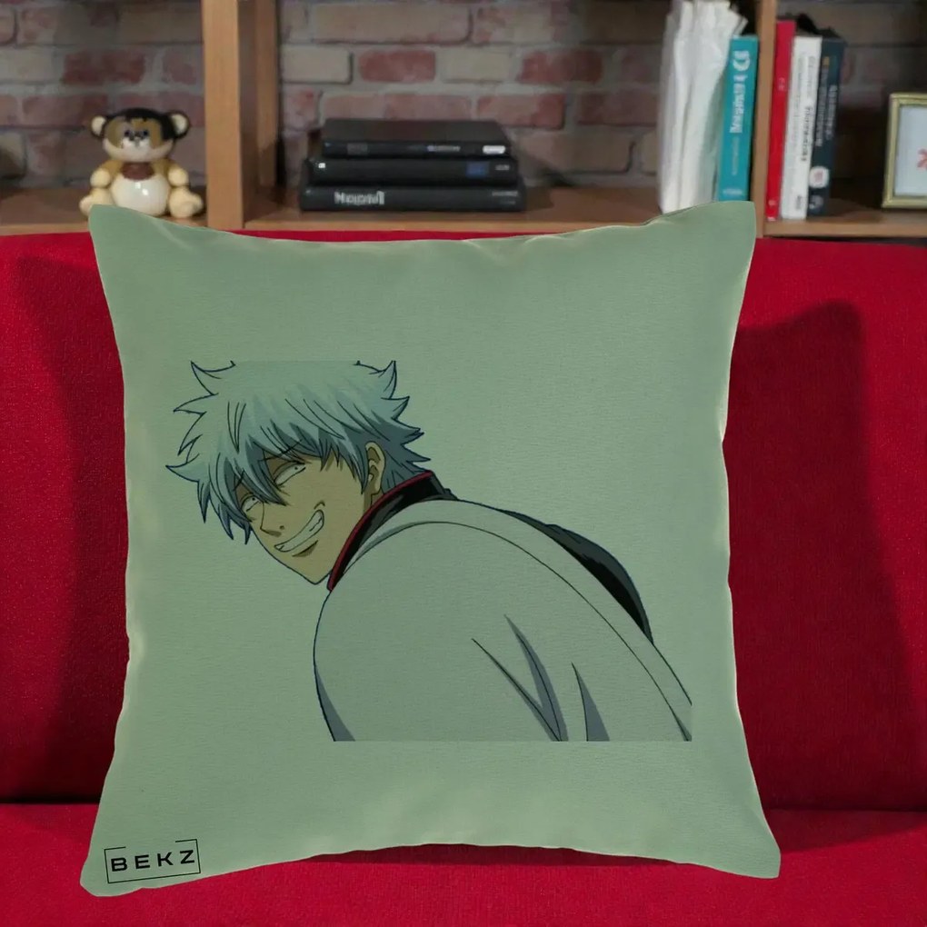Perna Personalizata Gintama Gintoki Portret cu Zambet, 40x40 cm, Verde, Husa Detasabila, Perna Inclusa, BEKZ®
