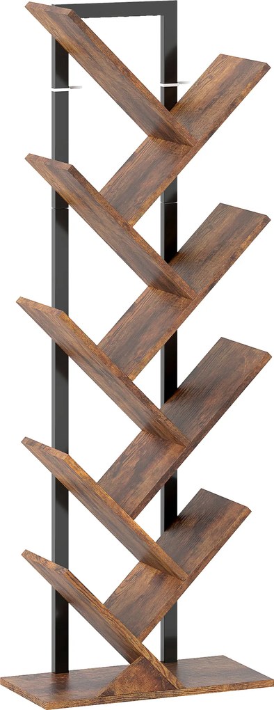 HOMCOM Bibliotecă în formă de copac cu 9 niveluri, corp de depozitare industrial cu cadru din oțel, 50x24x136cm, Maro rustic | Aosom Romania