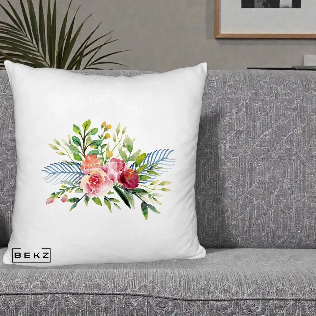 Perna Decorativa Buchet Flori Acuarela Roz-Verde, 40x40 cm, Alb Pufos, Husa Detasabila, Perna Inclusa, BEKZ®