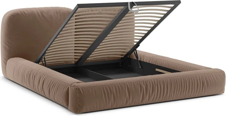 Pat matrimonial maro deschis tapițat cu spațiu de depozitare cu somieră 180x200 cm Martina – Micadoni