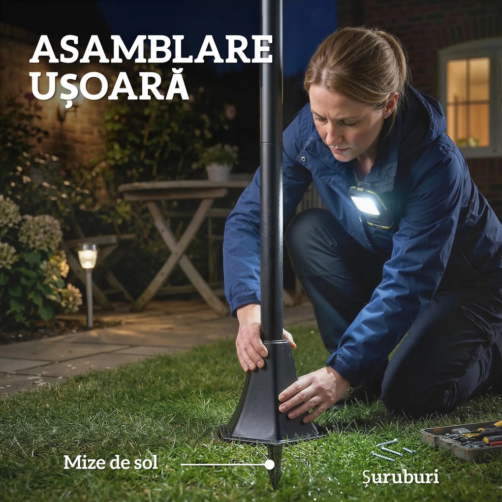 Outsunny Set de 2 Felinare Solare de Grădină 1.86 m, Lămpi de Exterior din Oțel Inoxidabil cu Înălțime Reglabilă, 2 Moduri de Lumină, IP44 Impermeabil pentru Terasă Curte Alei | Aosom Romania
