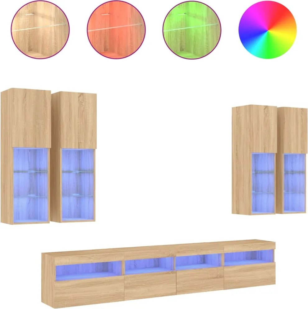 vidaXL Comode TV de perete cu lumini LED, 7 piese, stejar sonoma