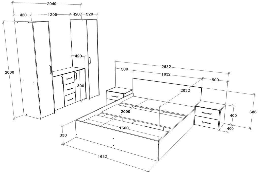 Set dormitor Malmo V5, Pat 200 x 160 cm, Stejar Alb/Antracit