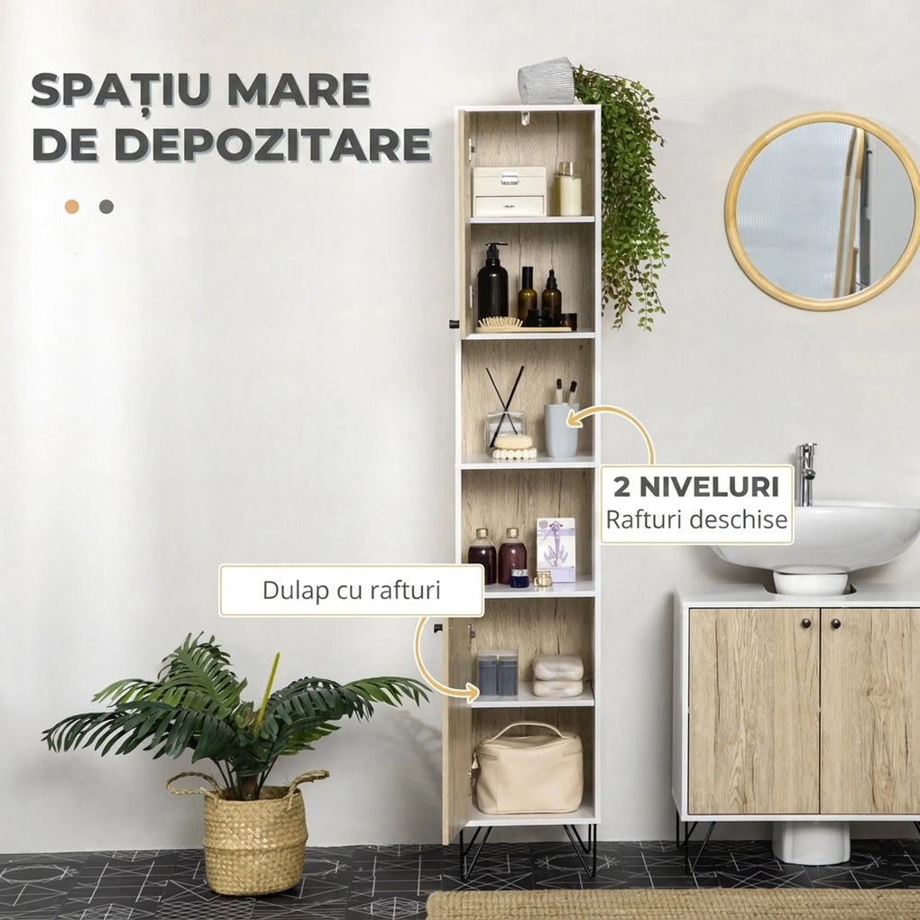 Kleankin Dulap Înalt Baie, 2 Rafturi Deschise, 2 Dulapuri, Design Modern, Natural/Alb | Aosom Romania