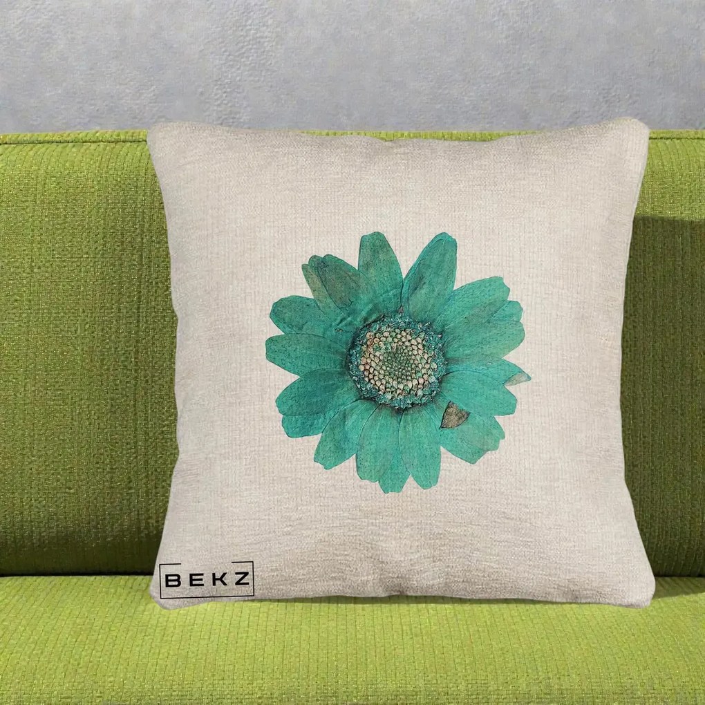 Perna Decorativa Floare Gerbera Teal Acuarela, 40x40 cm, Bej Canapea, Husa Detasabila, Perna Inclusa, BEKZ®