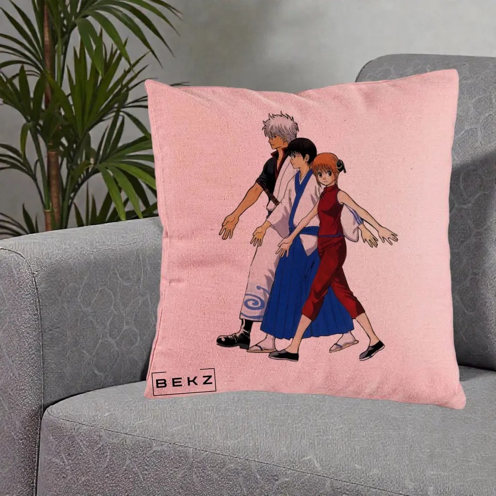 Perna Personalizata Gintama Trio Gintoki Shinpachi Kagura, 40x40 cm, Roz, Husa Detasabila, Perna Inclusa, BEKZ®