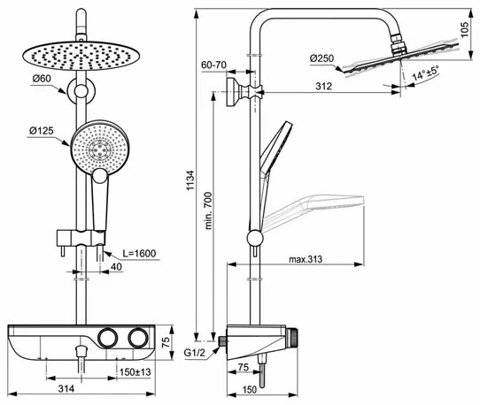 Coloana de dus cu baterie termostatata si etajera sticla Ideal Standard Ceratherm S200