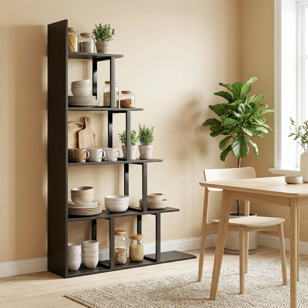HOMCOM Etajeră bibliotecă separator de încăpere stil industrial în scară 5 rafturi 102 x 30 x 160 cm coloris negru | Aosom Romania