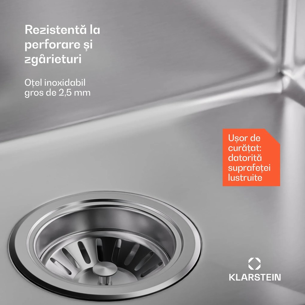 Klarstein TitanSteel Chiuvetă de bucătărie 45 x 45 cm (LxÎ) cu suprafață rezistentă la rugină, zgârieturi și căldură.