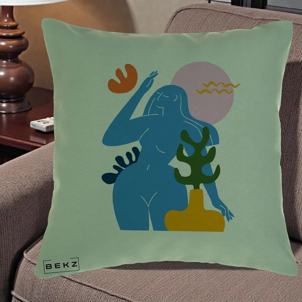 Perna Decorativa Femeie Albastra Cactus, 40x40 cm, Verde, Husa Detasabila, Perna Inclusa, BEKZ®