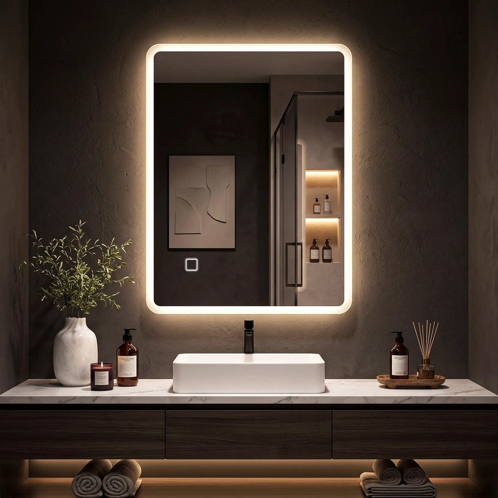 HOMCOM Oglindă de Baie cu LED 50 x 70 cm, Dimabilă, Antiaburire, Touch, Memorie | Aosom Romania