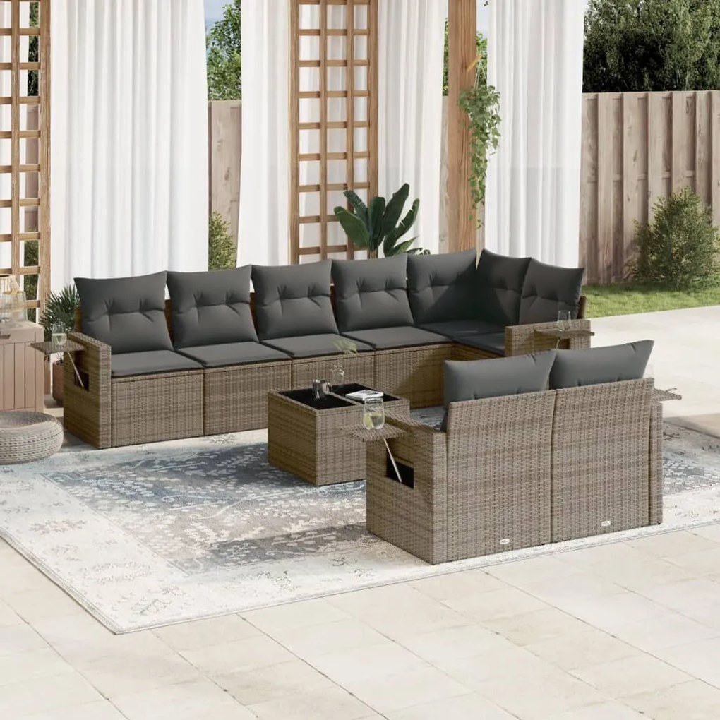 vidaXL Set canapele de grădină, 9 piese, cu perne, gri, poliratan