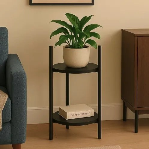 Suport pentru flori Loft - raft cu 2 etaje cu rafturi negre rotunde