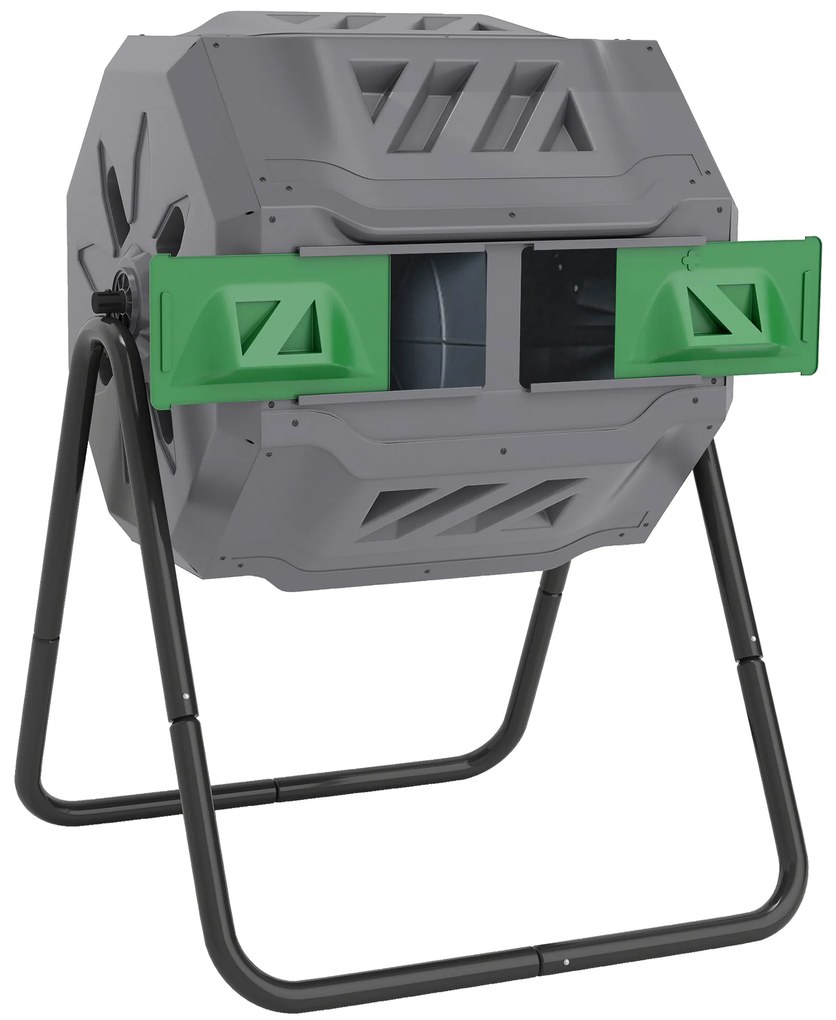Outsunny Compostor Rotativ cu 2 Secțiuni și 8 Prize de Aerisire din Oțel și PP, 160L, 71x65x96 cm, Gri | Aosom Romania