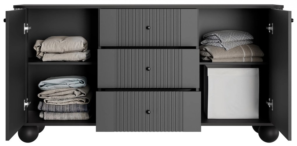 Comodă cu sertare Vesper 160 cm - negru / mânere negre / picioare sferice