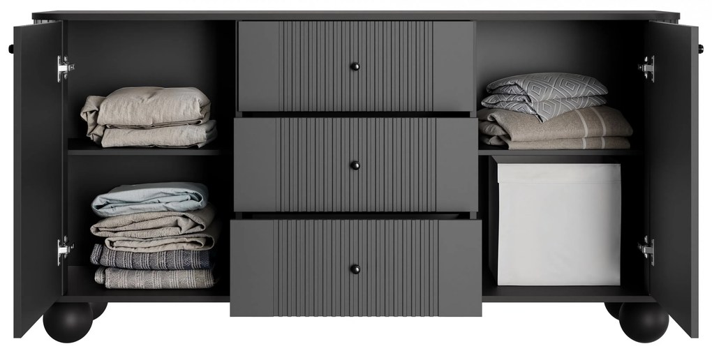 Comodă cu sertare Vesper 160 cm picioare sferice - negru / mânere negre