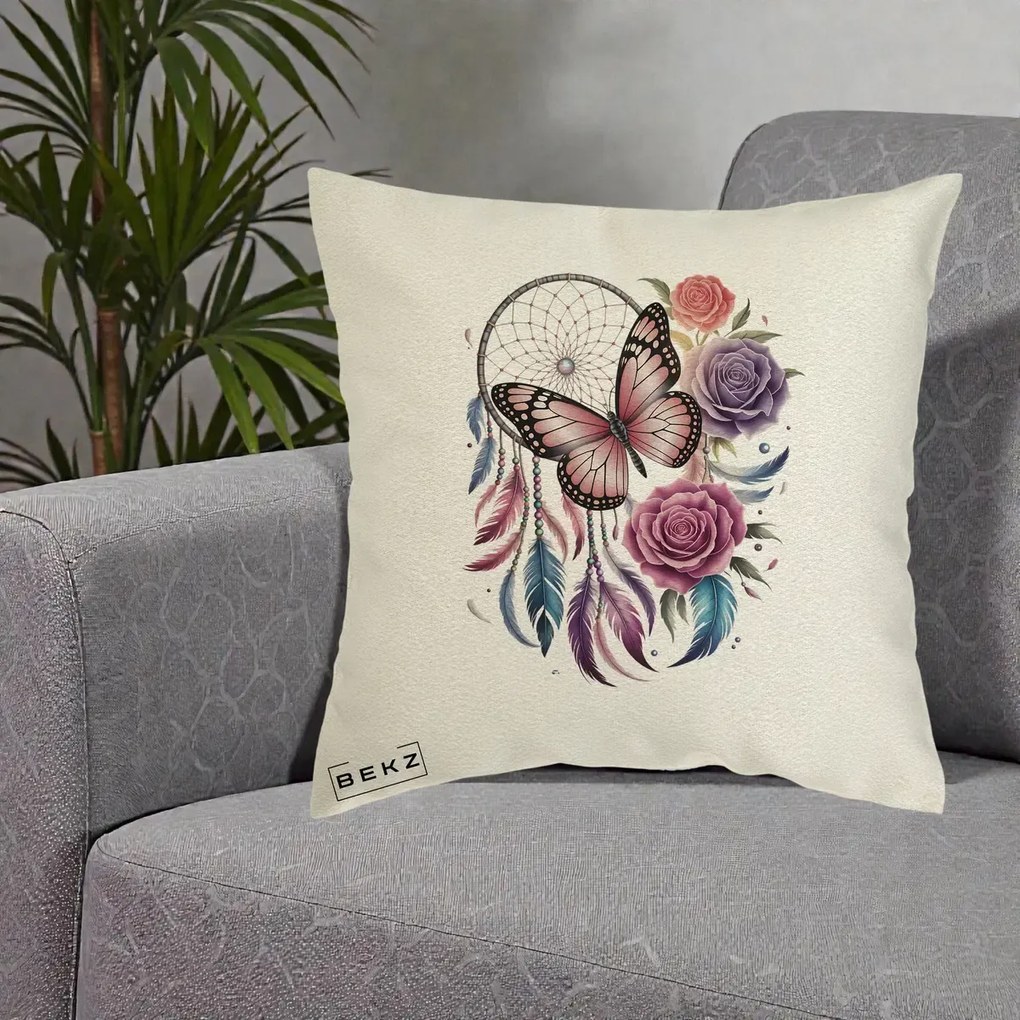 Perna Personalizata Prinzator de Vise cu Fluture si Trandafiri, 40x40 cm, Ecru, Husa Detasabila, Perna Inclusa, BEKZ®