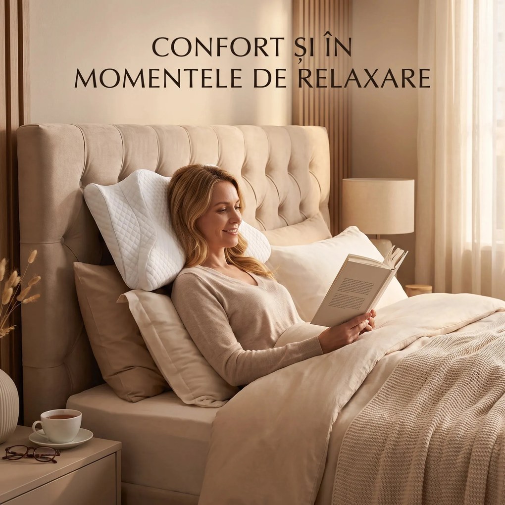 RESIGILAT- Perna cervicala ortopedica CERVI-SAN Memory Plus, doua inaltimi si suport brate, husa Tencel