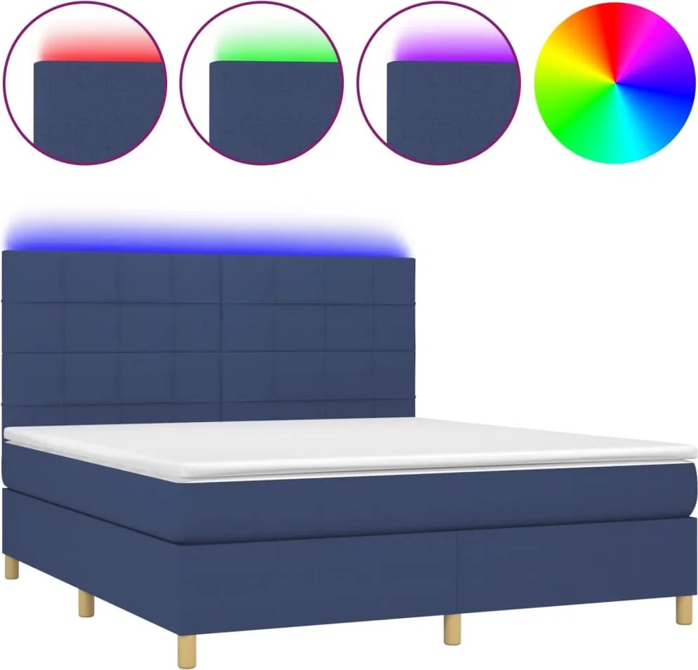 vidaXL Pat cu arcuri, saltea și LED, albastru, 160x200 cm, textil