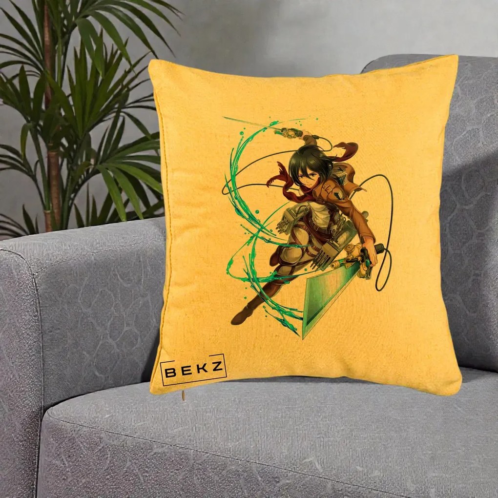 Perna Personalizata Attack on Titan Mikasa Ackerman Lupta, 40x40 cm, Galben, Husa Detasabila, Perna Inclusa, BEKZ®
