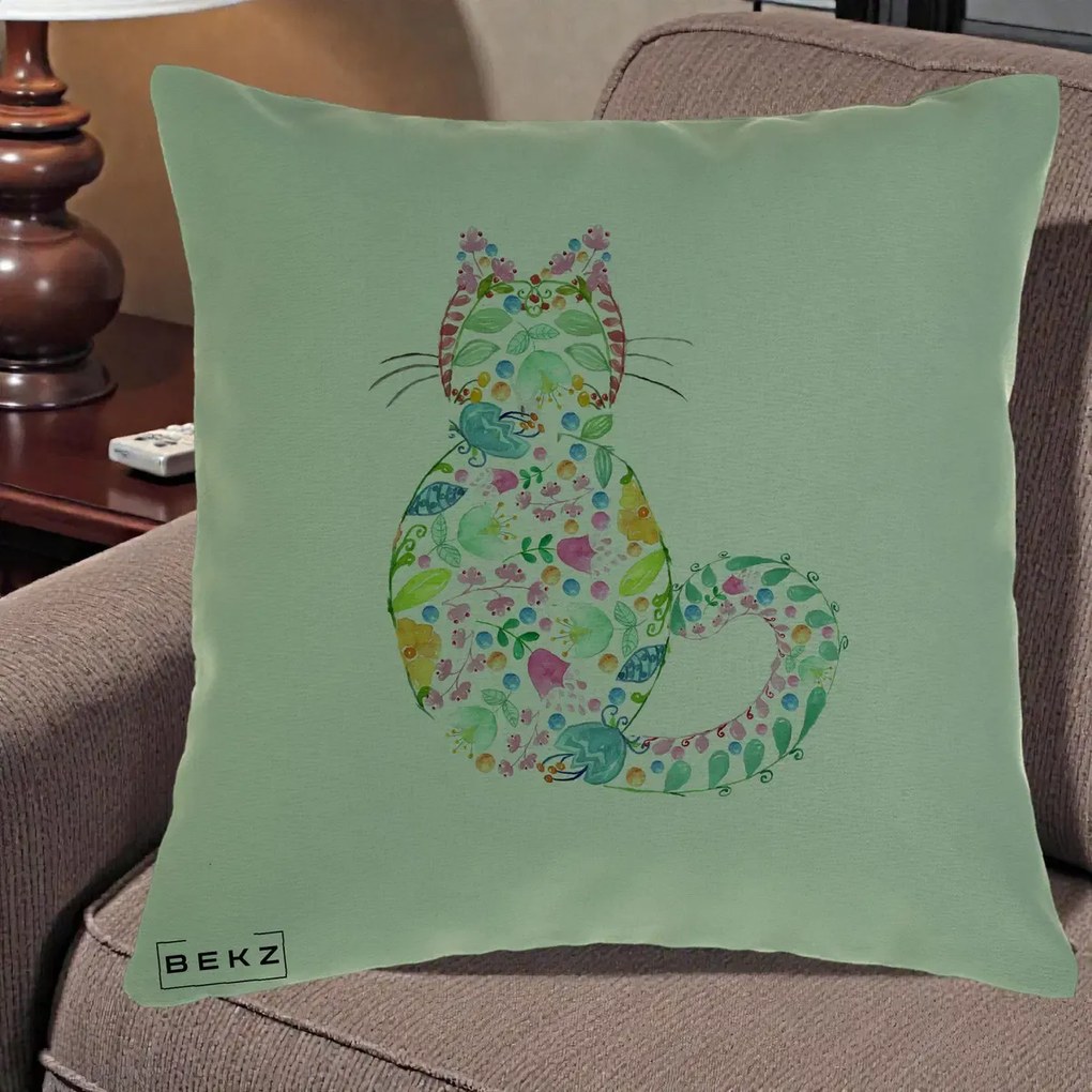 Perna Decorativa Pisica Florala Acuarela, 40x40 cm, Verde, Husa Detasabila, Perna Inclusa, BEKZ®