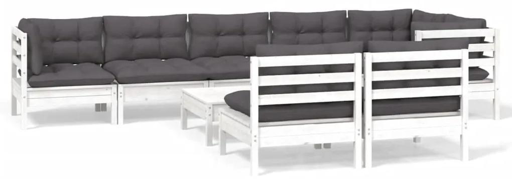Set mobilier gradina cu perne, 9 piese, alb, lemn masiv pin Alb, 1
