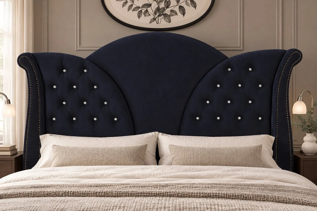 Pat tapițat Chesterfield din catifea Velora Deluxe 140×200 cm, negru, cu ladă de depozitare