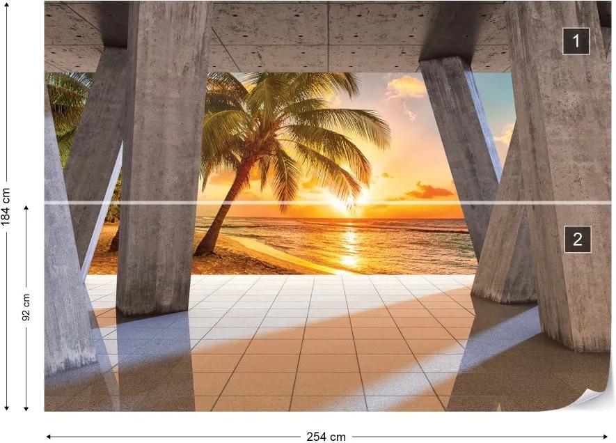 GLIX Fototapet - Sunset Tropical Beach 3D Modern View Concrete Vliesová tapeta  - 254x184 cm