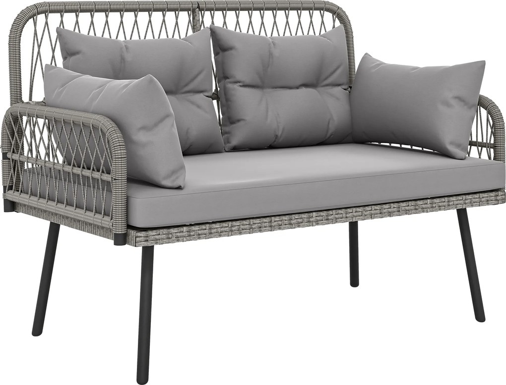 Outsunny Canapea de grădină cu perne și pernuțe 2 locuri din rășină împletită, canapea pentru exterior cu cotiere gri închis | Aosom Romania