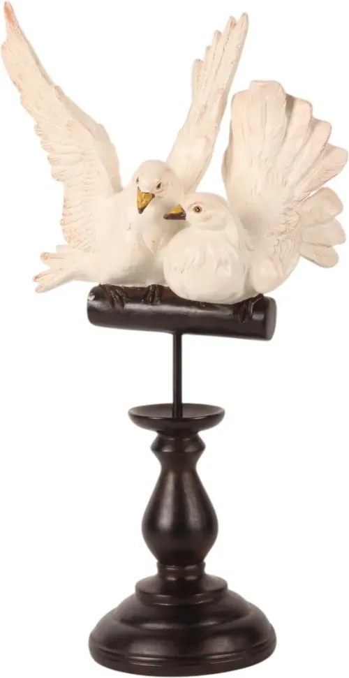 Statuetă decorativă din polirășină, două turturele crem pe stinghie maro, finisaj antichizat, 48 x 25,5 x 19 cm, „Tourterelle”