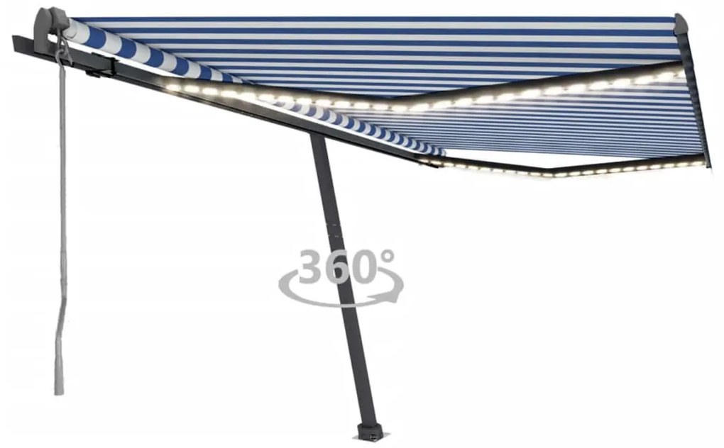 vidaXL Copertină automată cu senzor vânt&amp;LED, albastru&amp;alb, 450x300 cm
