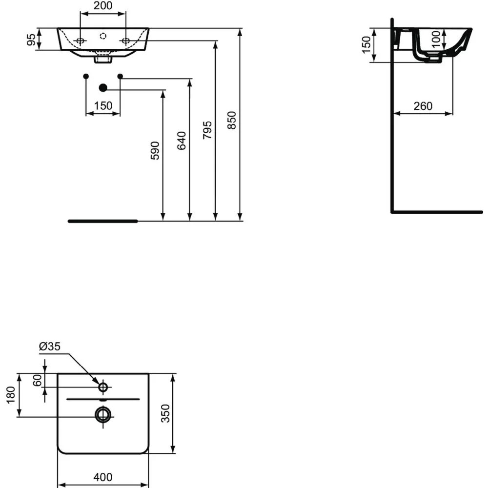 Lavoar suspendat negru mat 40 cm, orificiu baterie si cu preaplin, Ideal Standard Connect Air 400x350 mm