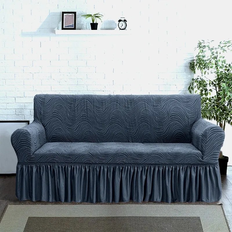 Husa elastica pentru canapea 3 locuri, cu volanas, model Jacquard, Cenusiu in dungi