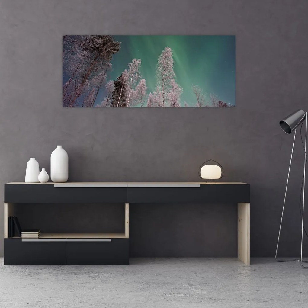 Tablou cu aurora borealis deasupra pomilor înghețați (120x50 cm)