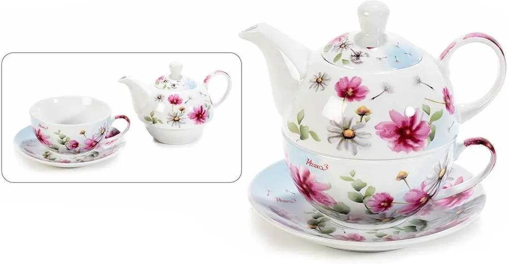 Set ceainic cu ceasca si farfurioara din portelan decor flori roz 16 cm x 10,5 cm x 13,5 h