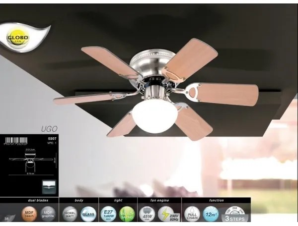 Ventilator de tavan GLOBO UGO 0307, 1xE27/60W/230V